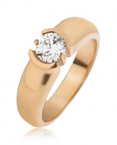 Oceľový prsteň zlatej farby, rozširujúce sa ramená, číry zirkón - Veľkosť: 49 mm