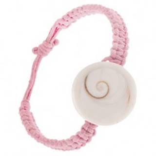 Pletený náramok - svetloružové šnúrky, biela kruhová mušľa