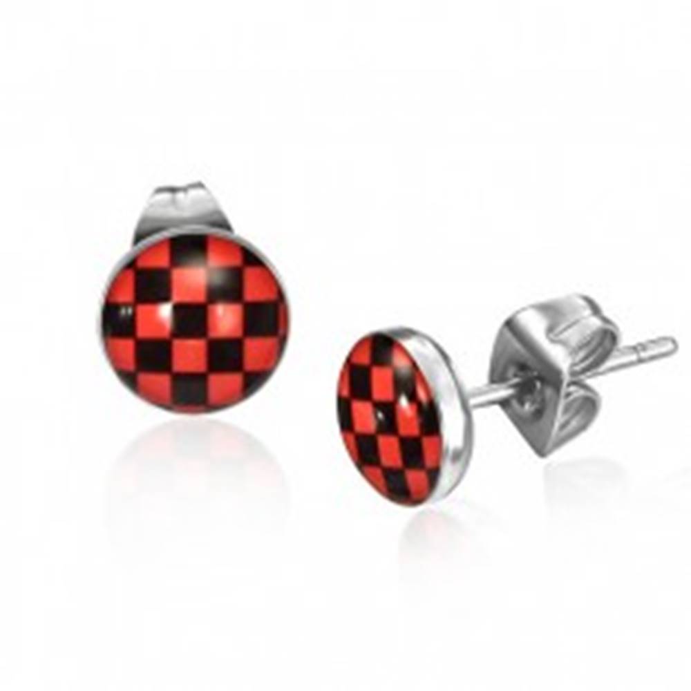 Šperky eshop Oceľové náušnice, červeno-čierny šachovnicový vzor