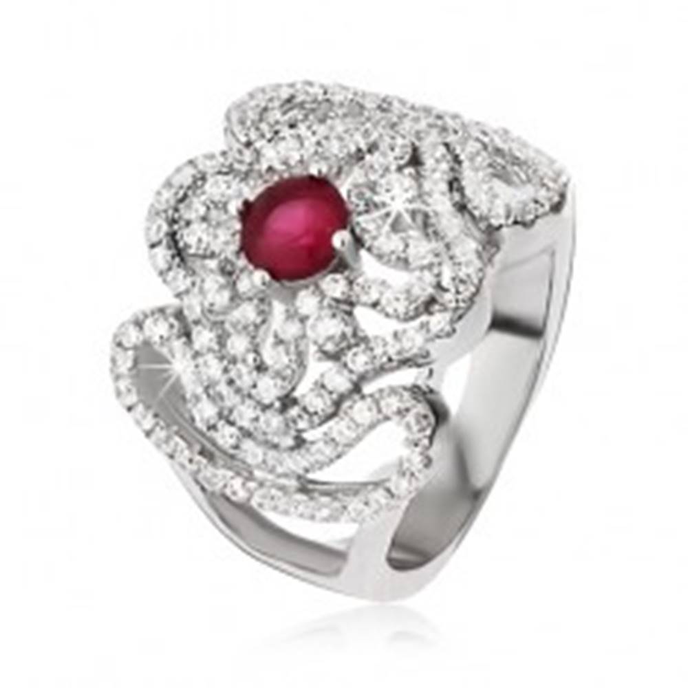 Šperky eshop Strieborný prsteň 925, zirkónový kríž, zvlnené línie a ružovočervený kamienok - Veľkosť: 52 mm
