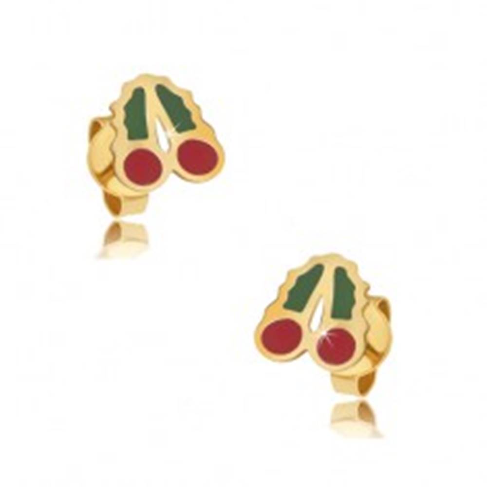 Šperky eshop Zlaté puzetové náušnice 375 - glazúrované červeno-zelené čerešne