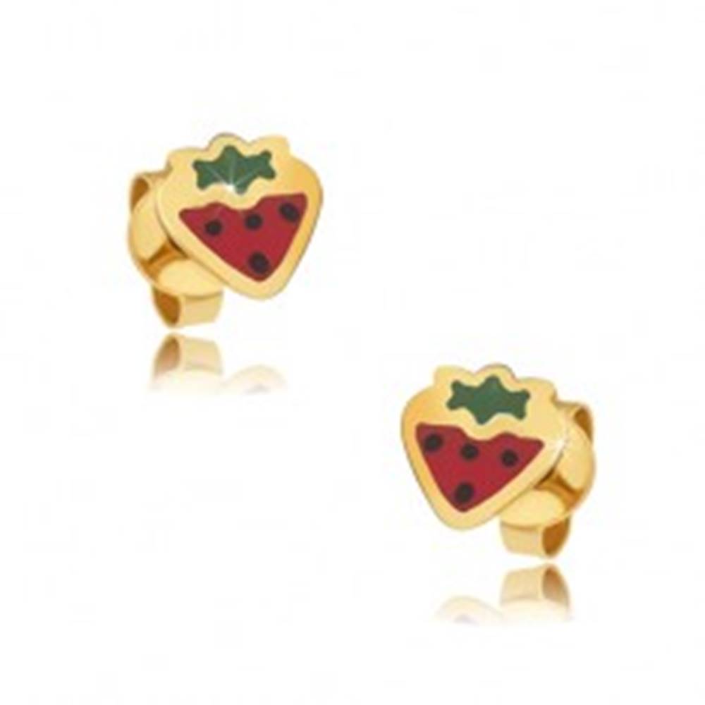 Šperky eshop Zlaté puzetové náušnice 375 - plochá červeno-zelená jahoda, lesklý email