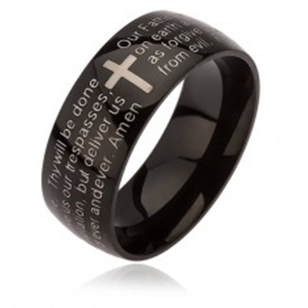 Šperky eshop Čierny prsteň z ocele, kríž striebornej farby, modlitba Otčenáš - Veľkosť: 52 mm