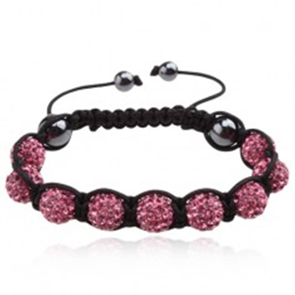 Šperky eshop Náramok Shamballa - ružové zirkónové guľôčky, čierna šnúrka