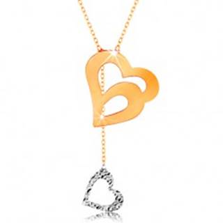 Zlatý náhrdelník 585 - jemná retiazka, dvojitá kontúra srdca a visiace srdiečko