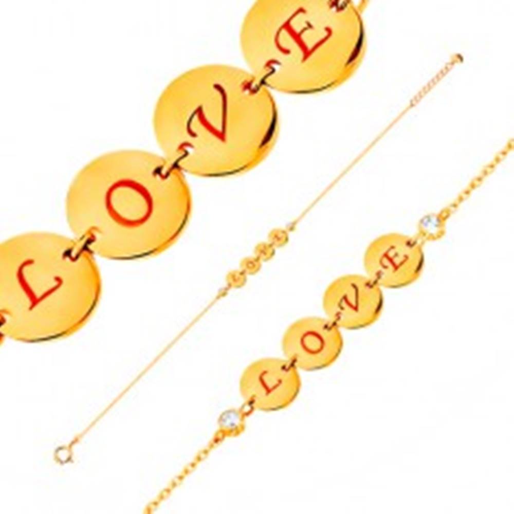 Šperky eshop Náramok v žltom 14K zlate - štyri lesklé kruhy s nápisom LOVE, zirkóny, 185 mm