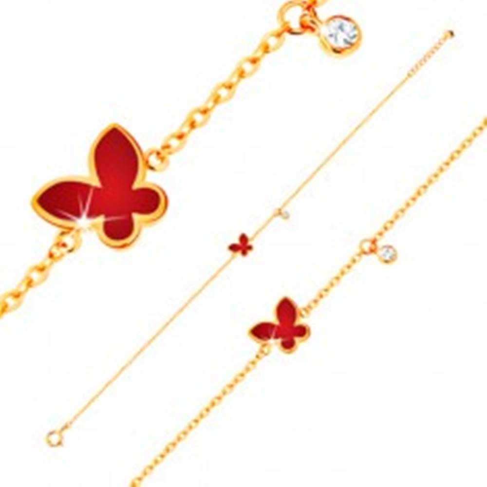 Šperky eshop Náramok zo žltého 14K zlata - červený glazúrovaný motýľ a číry okrúhly zirkónik