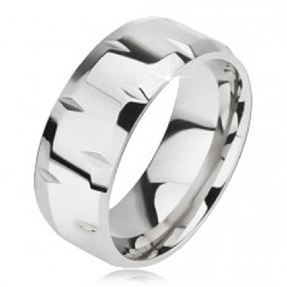 Šperky eshop Lesklý oceľový prsteň, drobné zárezy, skosené okraje - Veľkosť: 57 mm