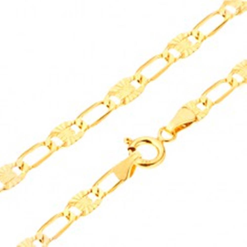 Šperky eshop Náramok v žltom 14K zlate - dlhšie tenké očká, lúčovité zárezy, 190 mm
