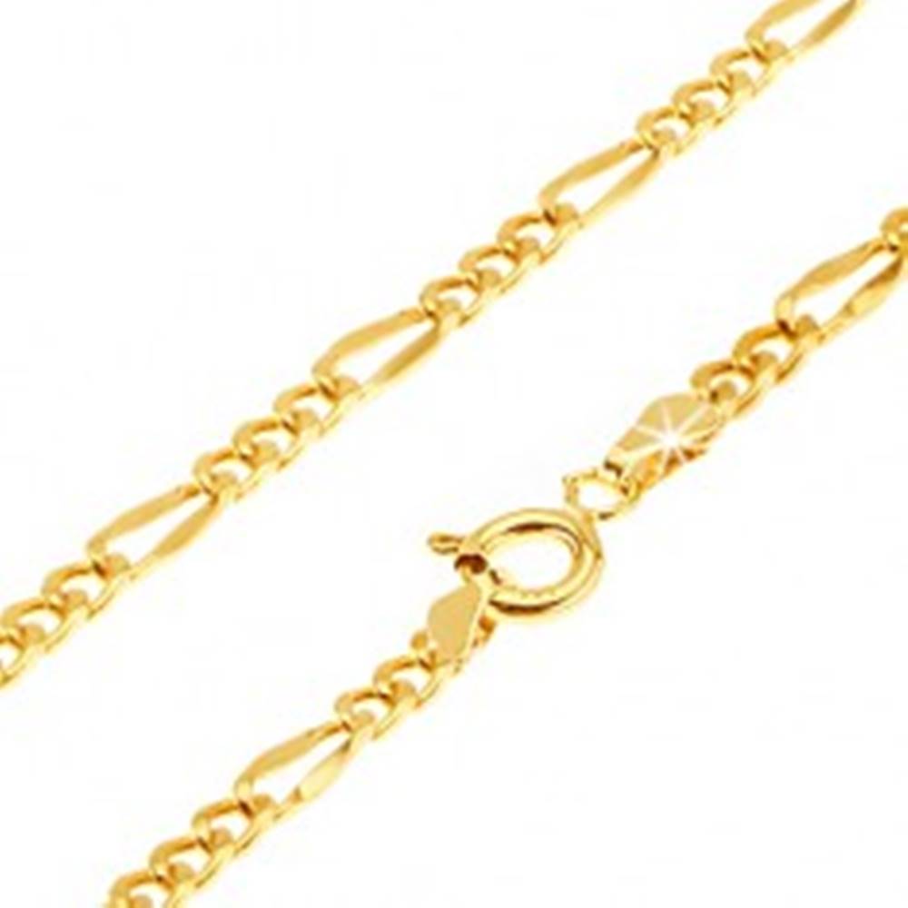 Šperky eshop Retiazka v žltom 14K zlate - tri oválne očká, jedno dlhšie sploštené, 450 mm