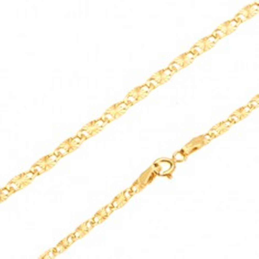 Šperky eshop Zlatá retiazka 585 - lesklé ploché podlhovasté články, lúčovité ryhy, 500 mm