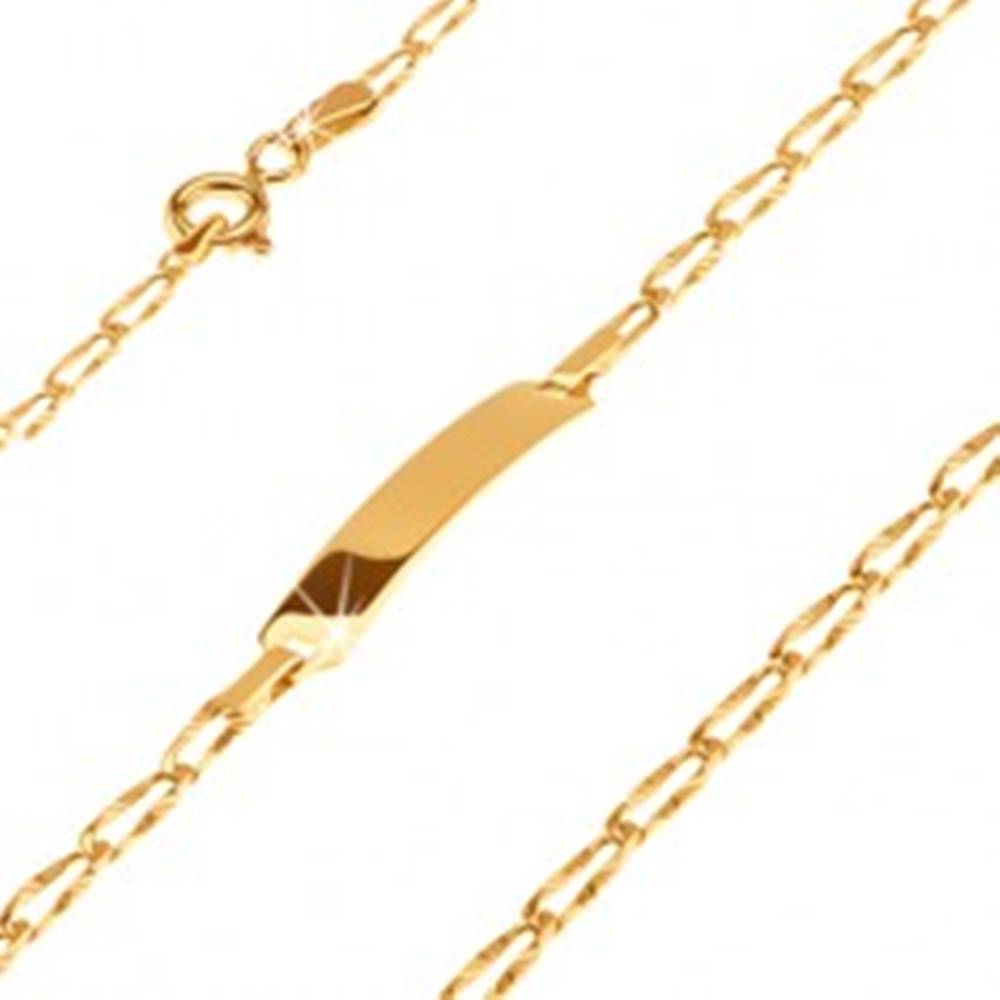 Šperky eshop Zlatý 14K náramok s platničkou - podlhovasté lúčovito ryhované očká