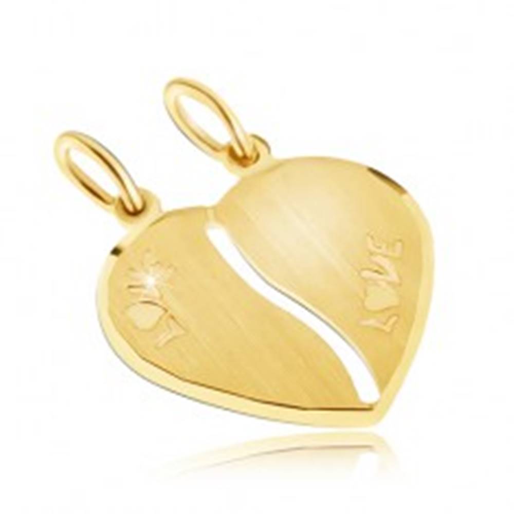 Šperky eshop Zlatý dvojprívesok 585 - saténové srdce, nápis LOVE, podlhovastý výrez