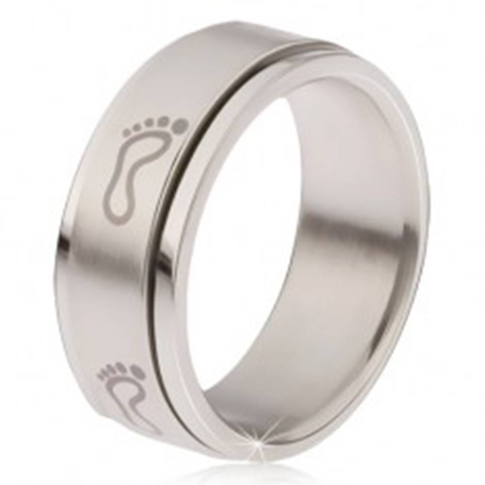 Šperky eshop Oceľový prsteň - točiaca sa matná obruč, potlač šľapají chodidiel - Veľkosť: 57 mm