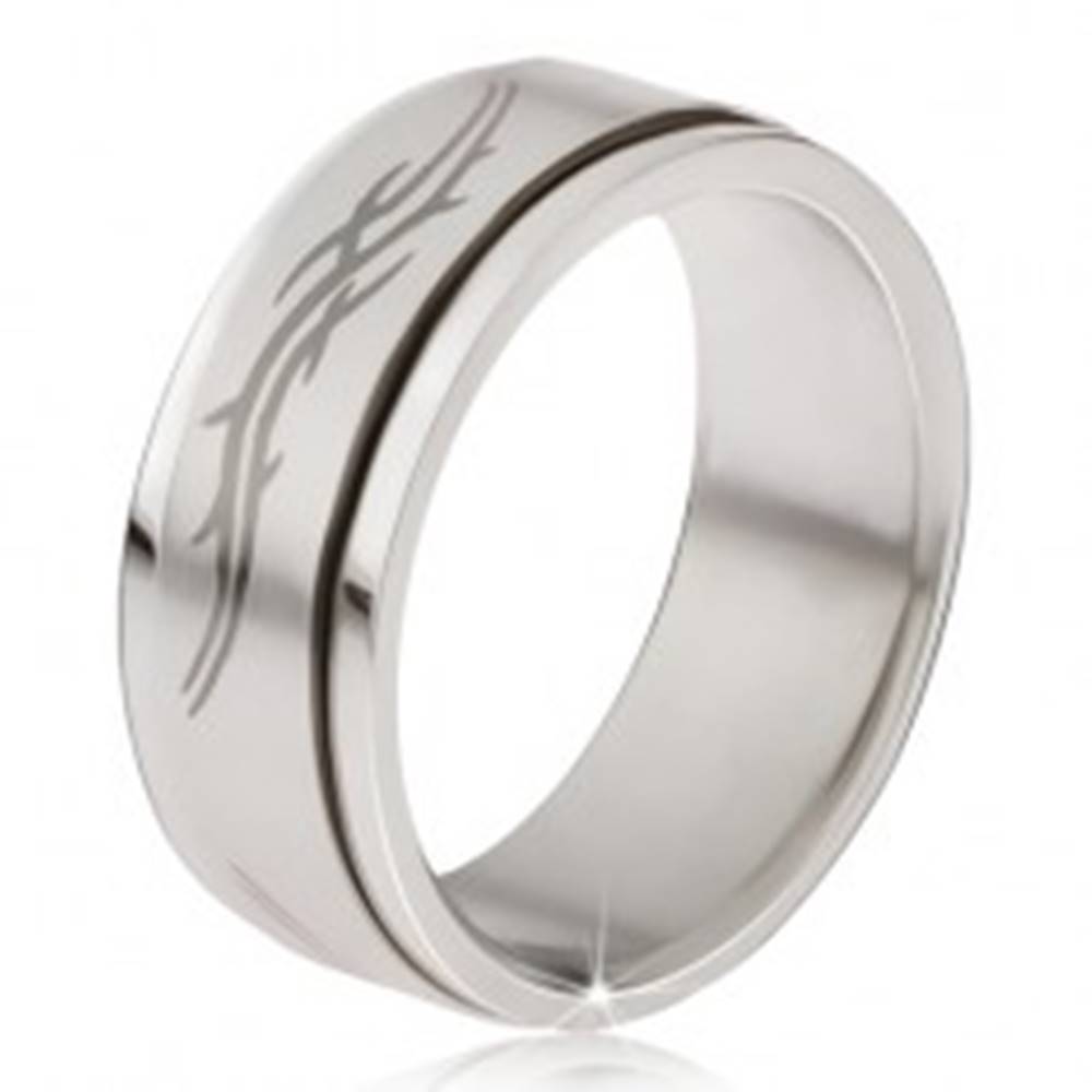 Šperky eshop Prsteň z ocele - matná točiaca sa obruč, šedá potlač tribal motív  - Veľkosť: 57 mm