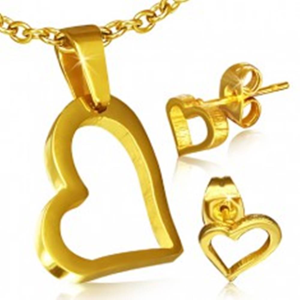 Šperky eshop Set zlatej farby z chirurgickej ocele - náušnice a prívesok, nepravidelný obrys srdca