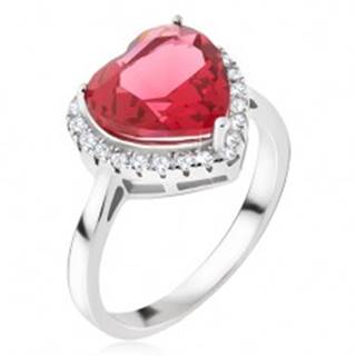 Strieborný prsteň 925 - veľký červený srdcový kameň, zirkónový lem - Veľkosť: 48 mm