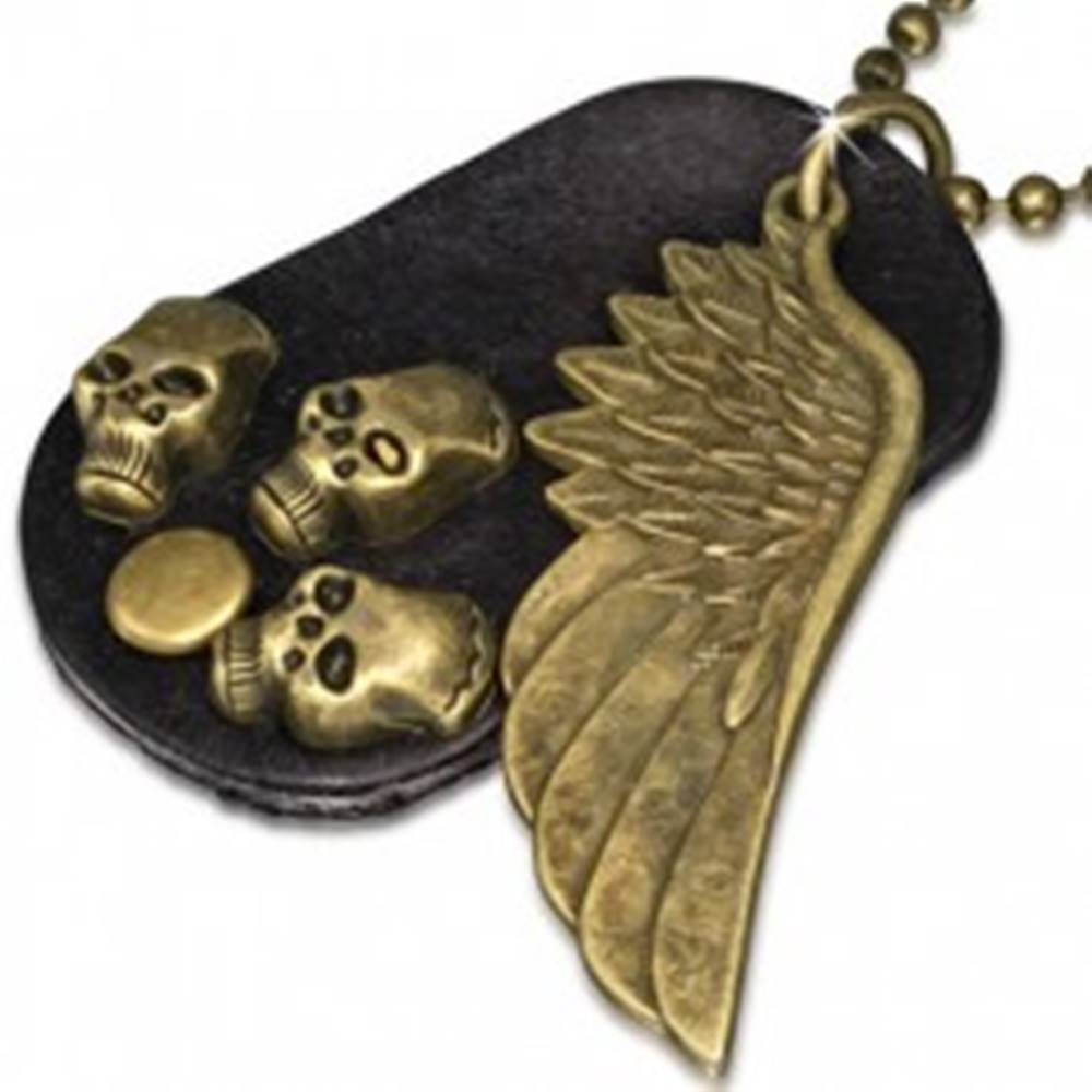 Šperky eshop Náhrdelník - hnedá kožená oválna známka, krídlo, lebky, retiazka