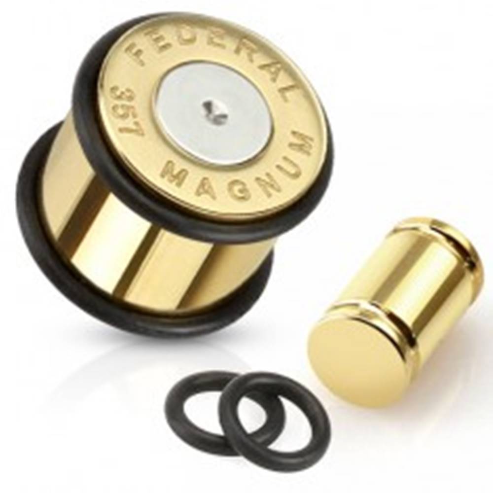 Šperky eshop Oceľový plug do ucha,  nábojnica zlato-striebornej farby Magnum - Hrúbka: 10 mm