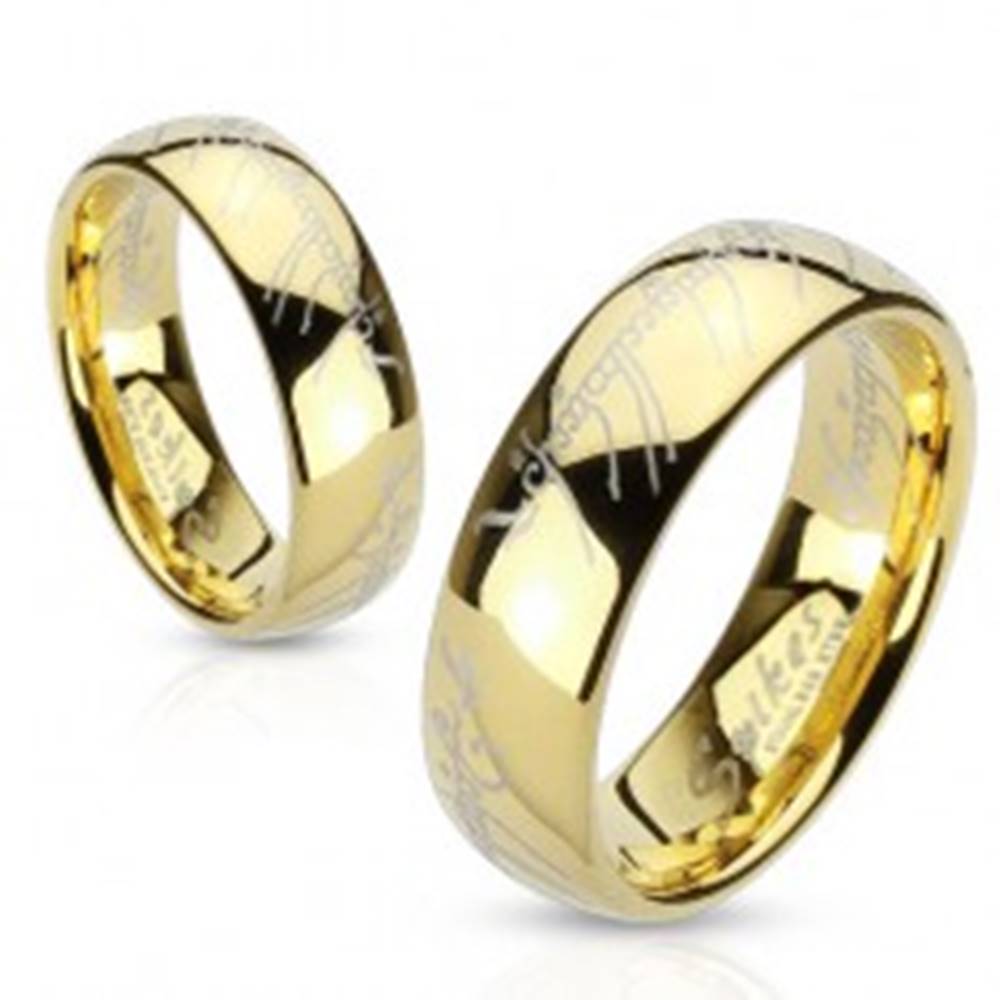 Šperky eshop Oceľový prsteň zlatej farby, písmo z Lord of the Rings - Veľkosť: 49 mm