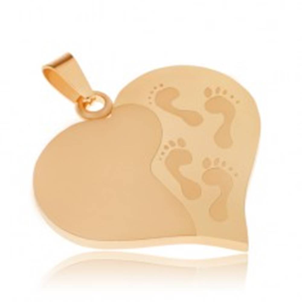 Šperky eshop Prívesok z ocele zlatej farby, súmerné srdce, gravírované odtlačky nôh