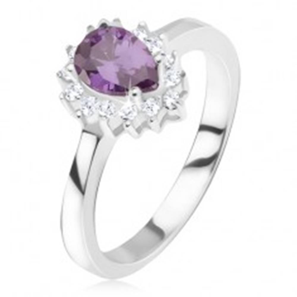 Šperky eshop Strieborný prsteň 925 - fialový slzičkový kamienok, zirkónová obruba - Veľkosť: 50 mm