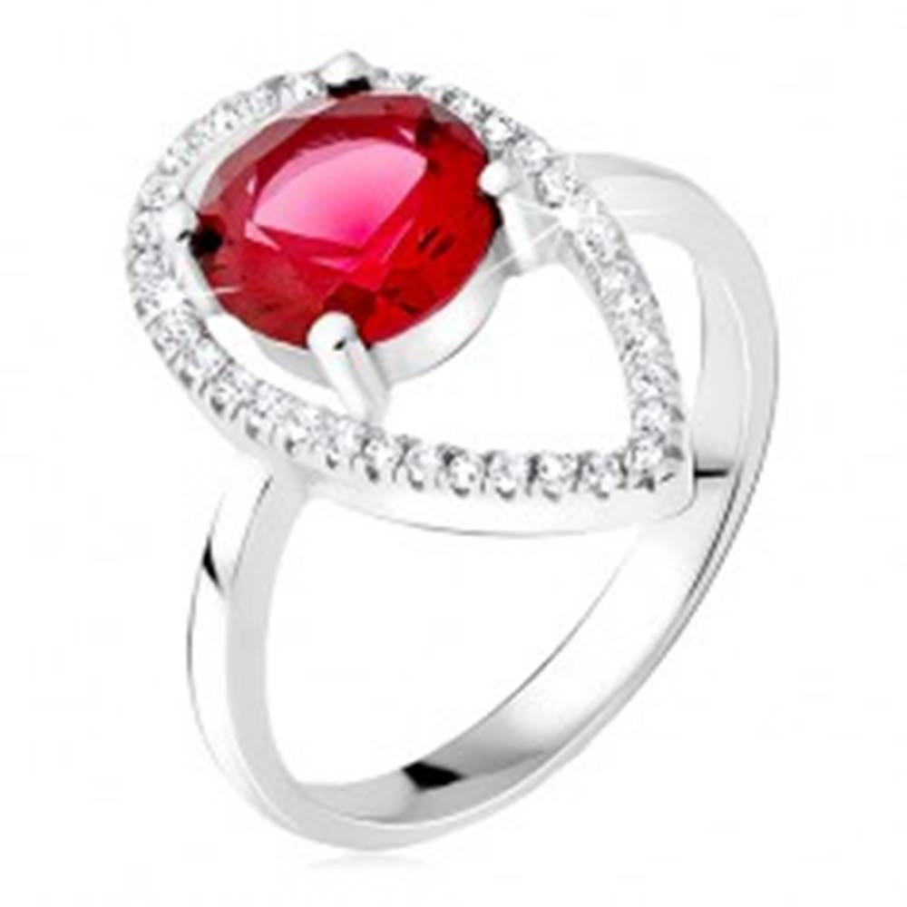 Šperky eshop Strieborný prsteň 925 - okrúhly červený kameň, slzičková kontúra zo zirkónov - Veľkosť: 50 mm