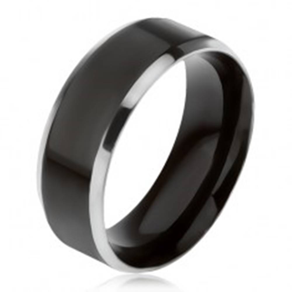 Šperky eshop Čierna obrúčka z ocele 316L, šikmé okraje striebornej farby - Veľkosť: 56 mm