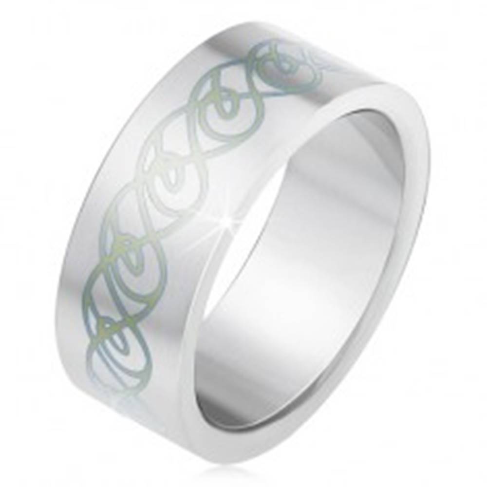 Šperky eshop Oceľový prsteň, matný rovný povrch, ornament zo zatočených línií - Veľkosť: 55 mm