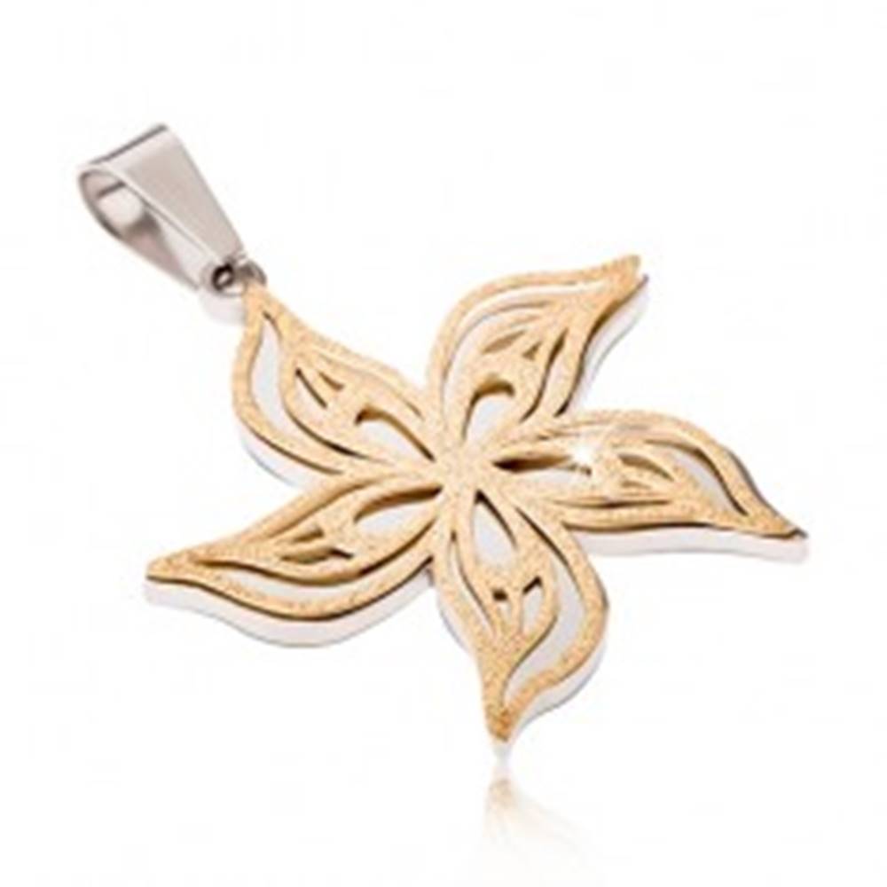 Šperky eshop Pieskovaný prívesok z ocele strieborno-zlatej farby, zvlnený kvet