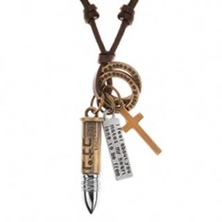 Kožený náhrdelník hnedej farby, prívesky - nábojnica, kríž, známka a obruče