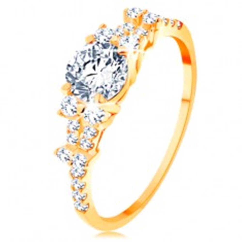 Šperky eshop Zlatý prsteň 585 - rozdelené zirkónové ramená, veľký okrúhly zirkón čírej farby - Veľkosť: 49 mm