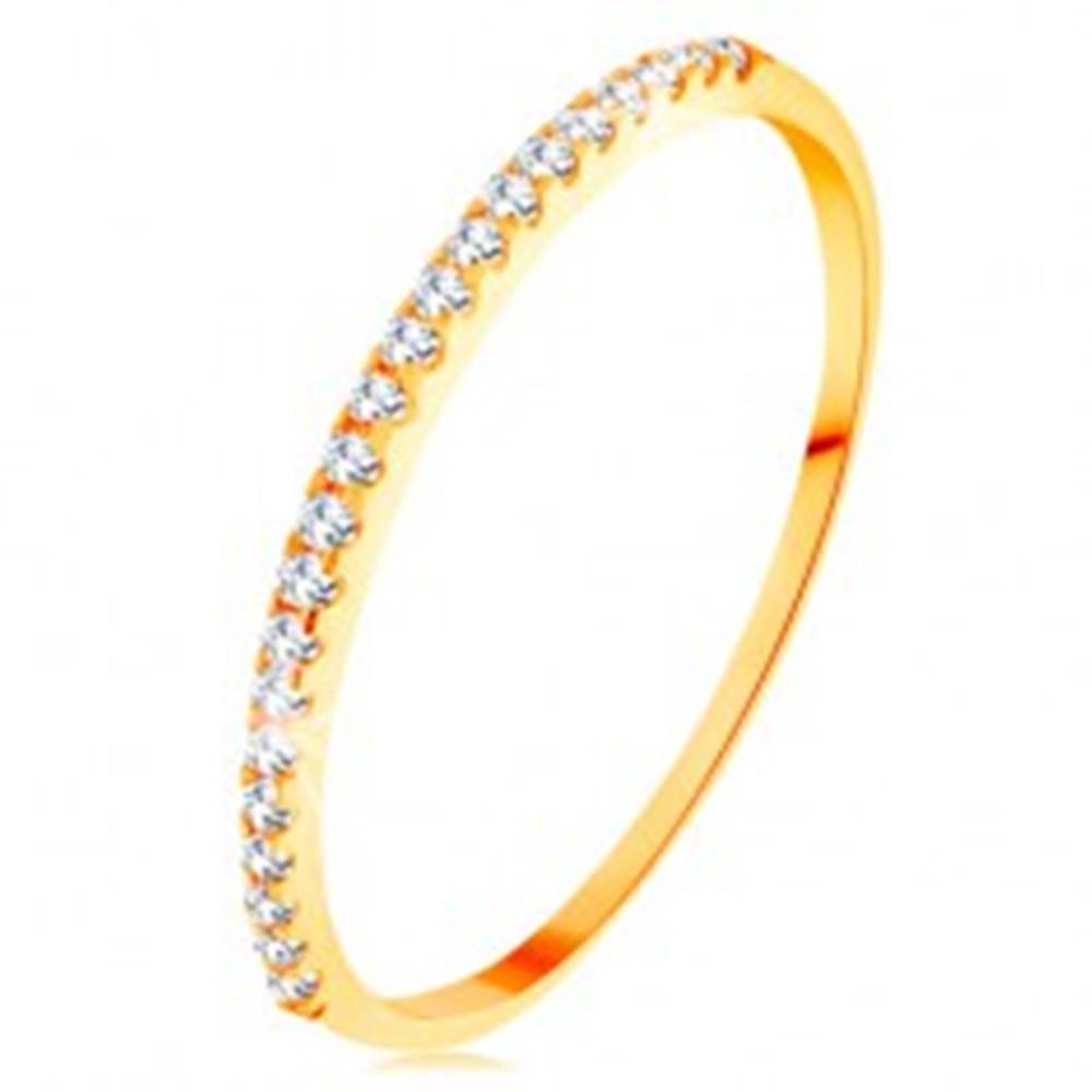 Šperky eshop Zlatý prsteň 585 - tenké lesklé ramená, ligotavá zirkónová línia čírej farby - Veľkosť: 49 mm