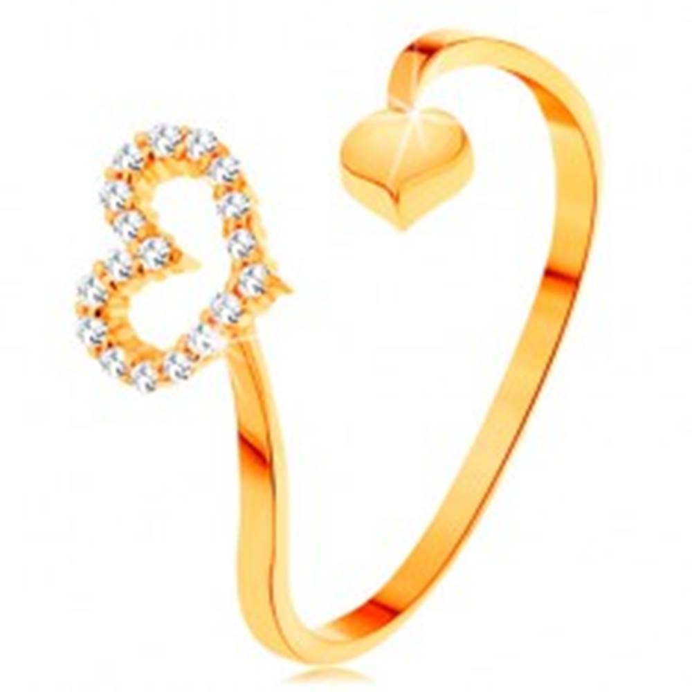 Šperky eshop Zlatý prsteň 585 - zvlnené ramená ukončené obrysom srdca a plným srdiečkom - Veľkosť: 50 mm