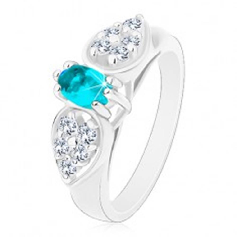 Šperky eshop Lesklý prsteň v striebornom odtieni, ligotavá mašlička s modrým oválom - Veľkosť: 52 mm