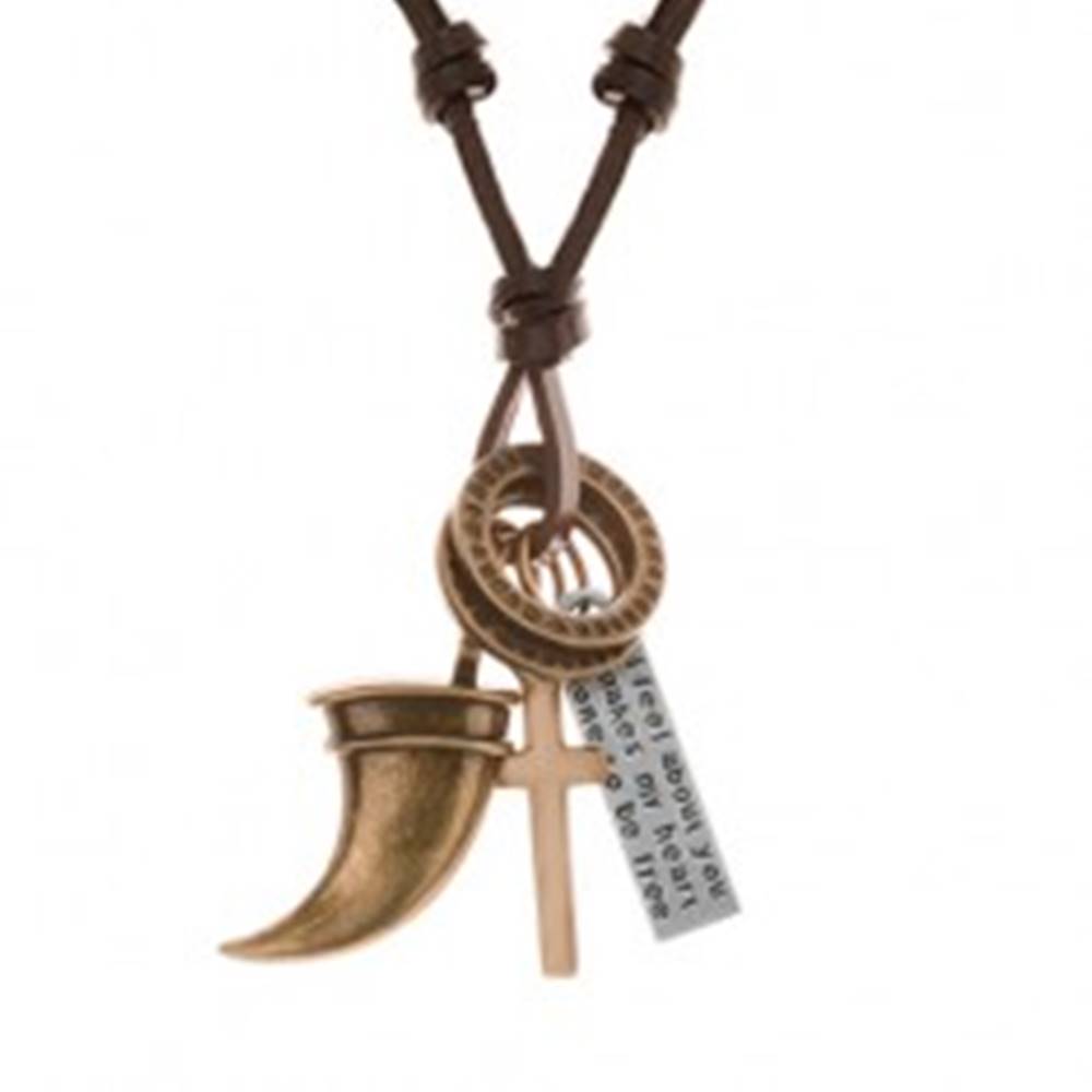 Šperky eshop Náhrdelník - šnúrka z umelej kože s príveskami, zvierací zub, kríž, známka a obruče