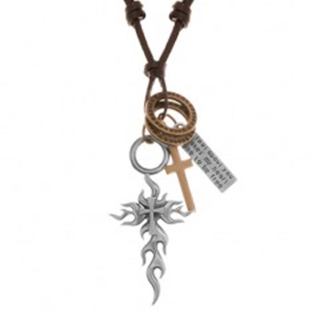Šperky eshop Náhrdelník - šnúrka z umelej kože, veľký a malý kríž, známka, obruče