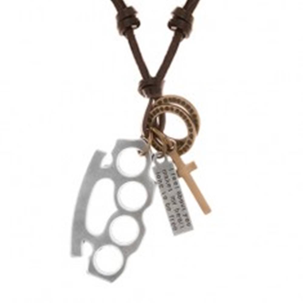 Šperky eshop Náhrdelník zo syntetickej kože s príveskami - boxer, kríž, známka a obruče