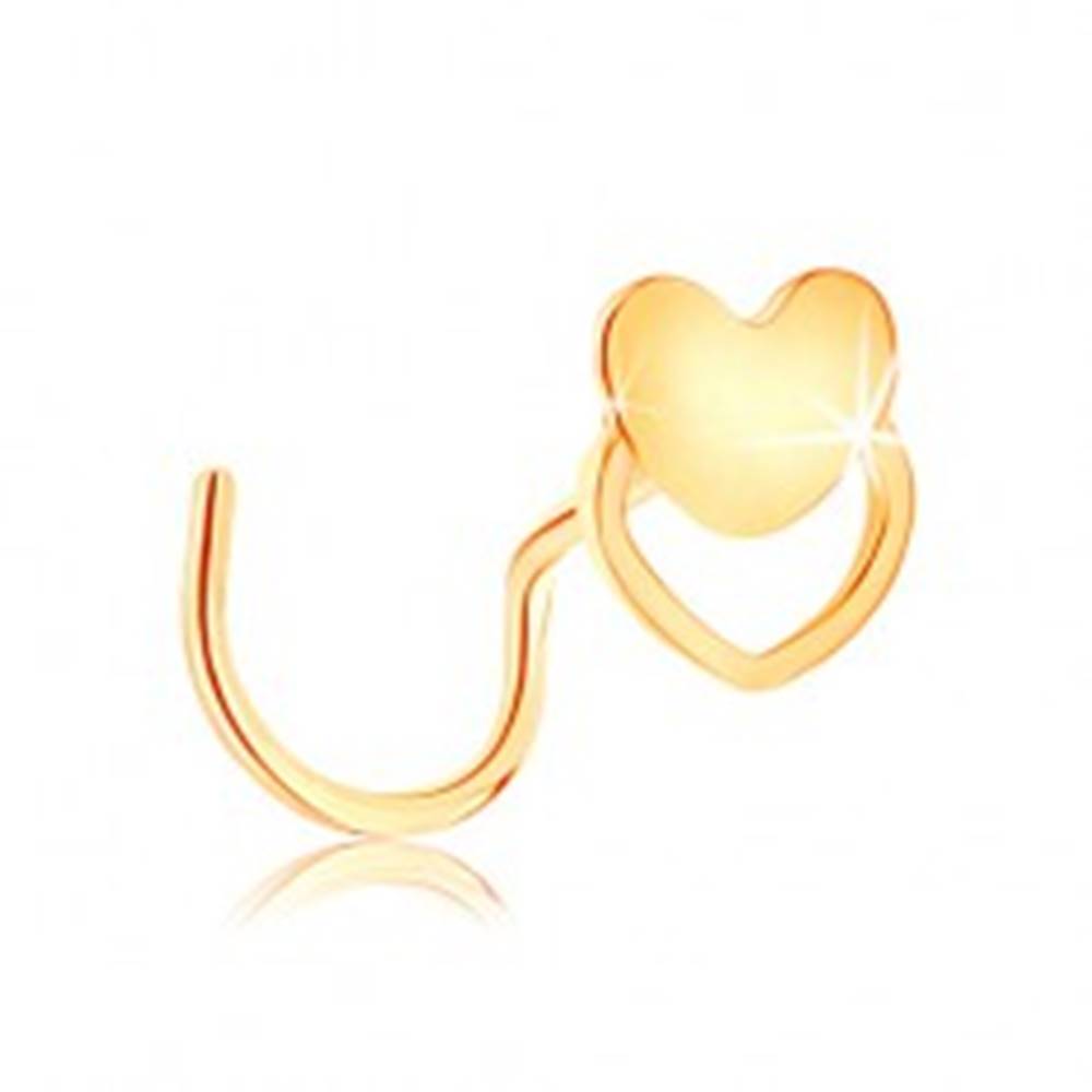 Šperky eshop Zahnutý piercing do nosa zo žltého 14K zlata - srdiečko a obrys srdca