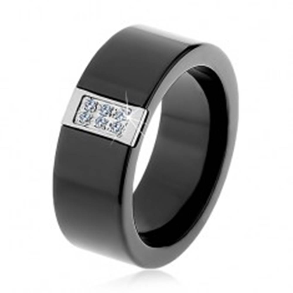 Šperky eshop Čierny keramický prsteň s hladkým povrchom, oceľový obdĺžnik so zirkónmi - Veľkosť: 51 mm