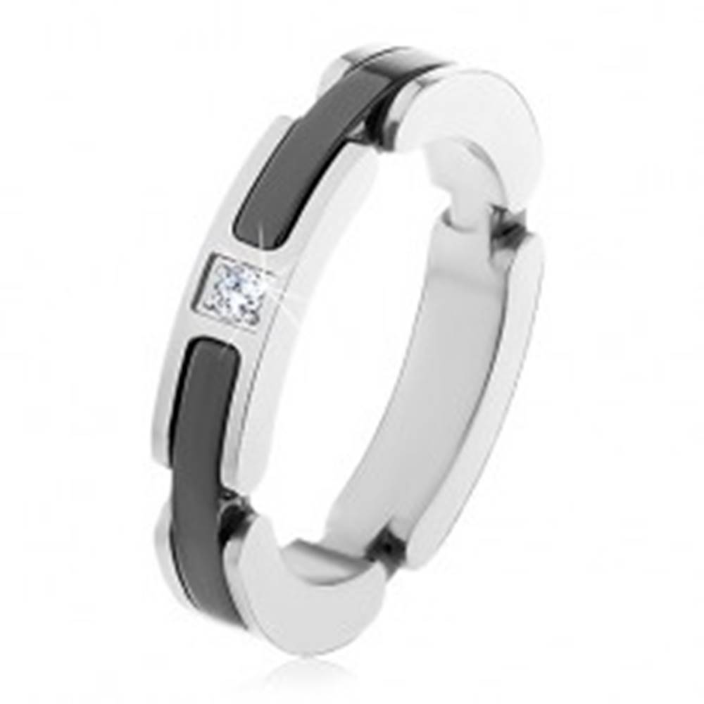 Šperky eshop Oceľový prsteň striebornej farby, výrezy s keramickými pásmi, číry zirkón - Veľkosť: 50 mm