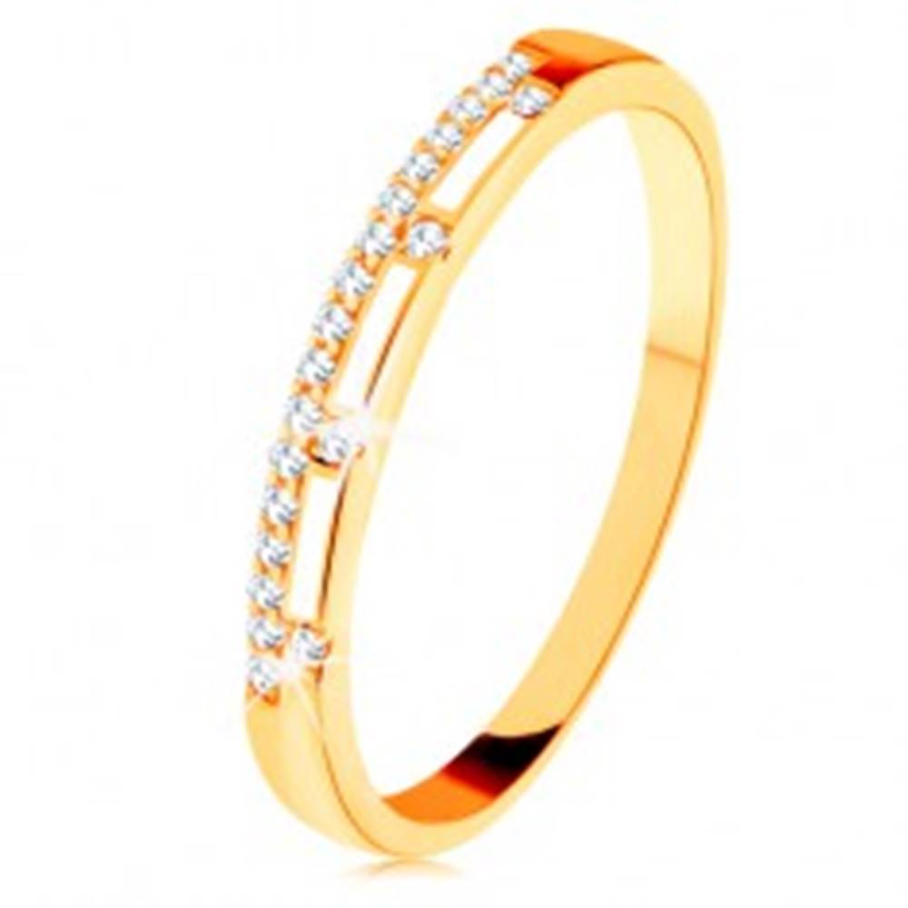 Šperky eshop Prsteň zo žltého 14K zlata - číra zirkónová línia, pásy bielej glazúry - Veľkosť: 49 mm