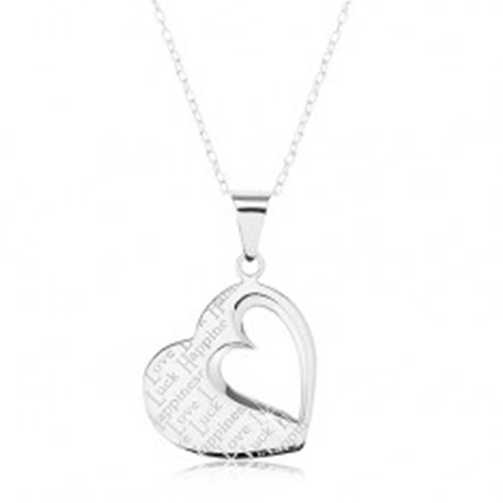 Šperky eshop Strieborný náhrdelník 925, prívesok - ploché srdce s výrezom a nápismi