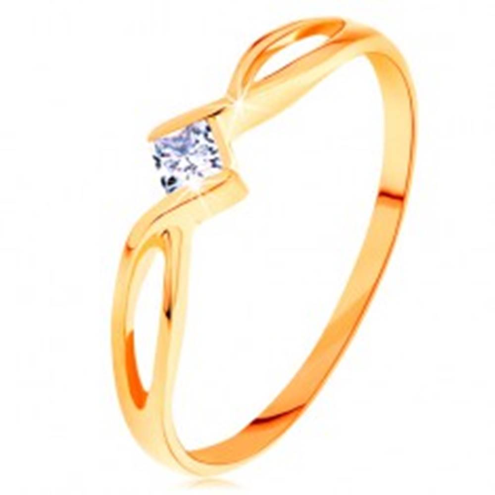 Šperky eshop Zlatý prsteň 585 - prepletené rozdvojené ramená, číry zirkónový štvorček - Veľkosť: 49 mm