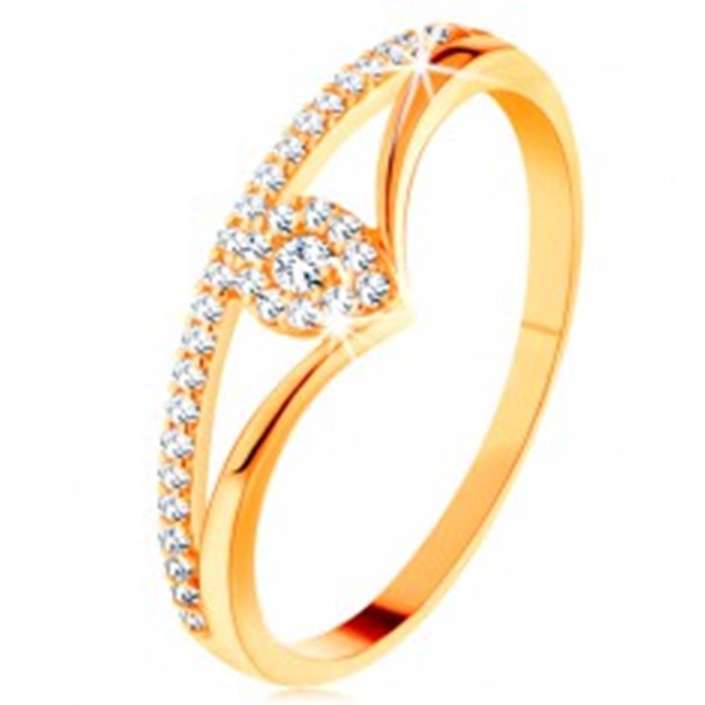 Šperky eshop Zlatý prsteň 585 - rozdvojené zahnuté ramená, číra zirkónová kvapka - Veľkosť: 49 mm