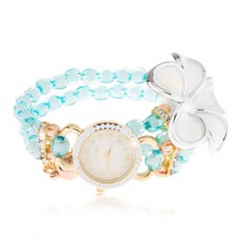Šperky eshop Hodinky s korálkovým modrým náramkom, ciferník so zirkónmi, biely kvet