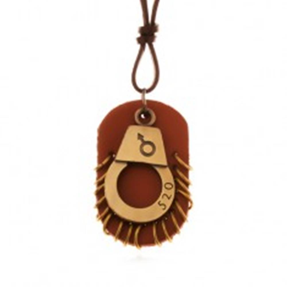 Šperky eshop Kožený náhrdelník - nastaviteľný, putá s číslom, hnedá známka s kruhmi