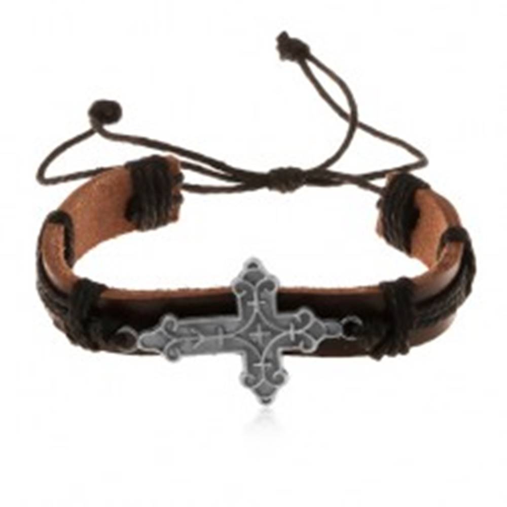 Šperky eshop Kožený náramok hnedej farby s čiernymi šnúrkami, ozdobne vyrezávaný kríž