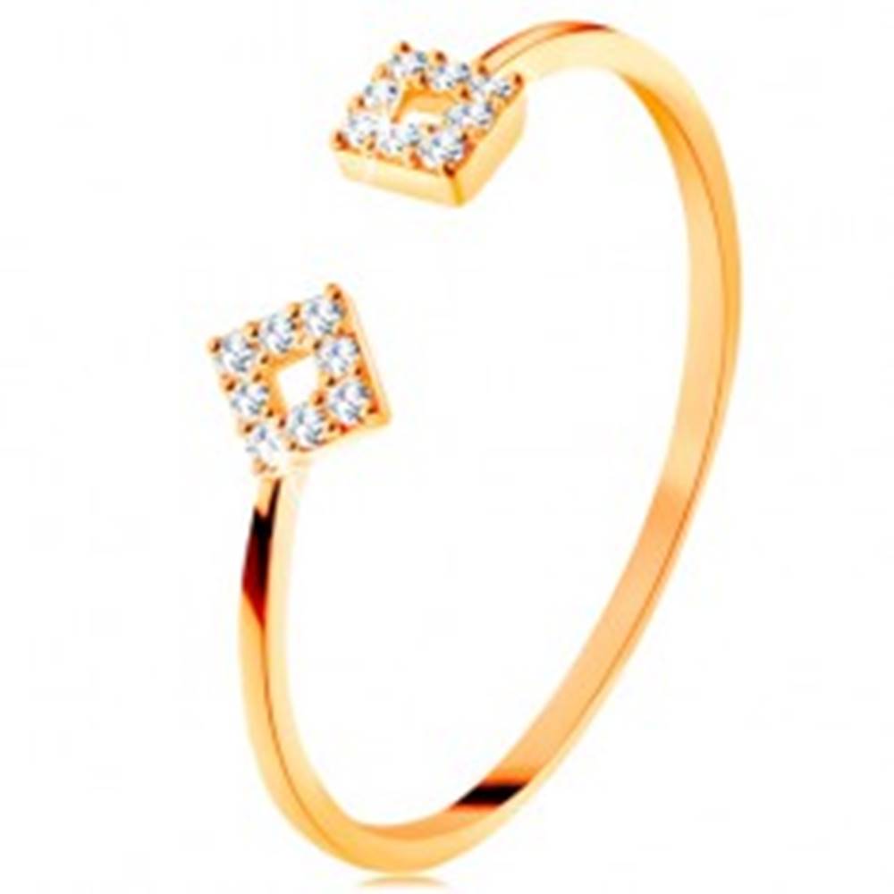 Šperky eshop Prsteň zo žltého 14K zlata s oddelenými ramenami, malé zirkónové štvorce - Veľkosť: 50 mm