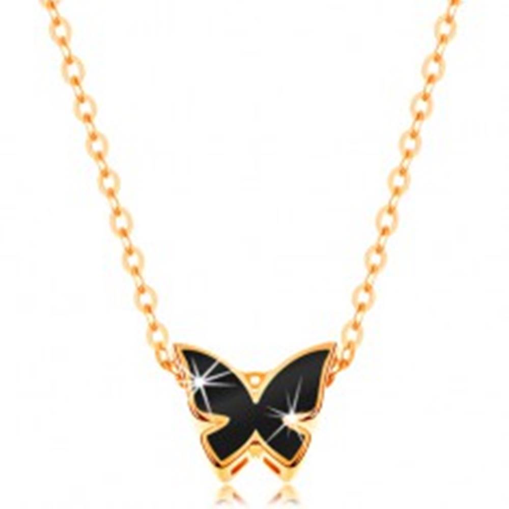 Šperky eshop Zlatý 14K náhrdelník - lesklá retiazka, motýľ zdobený glazúrou čiernej farby